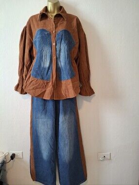 Rust Brown Shirt with Denim Corset Panels & Wide-Leg Denim Pants